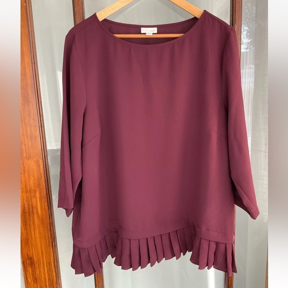 J Jill 3/4 Sleeve Ruffle Pleated Hem Tunic Shirt Burgundy Size XL Top Shirt